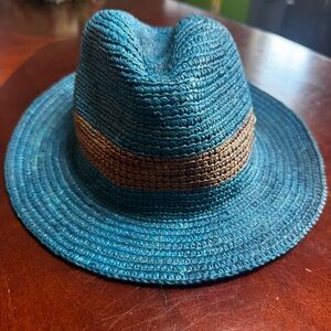 Christy’s Crown Series by Tony Merenda Teal Raffia Fedora Hat with Brown Band